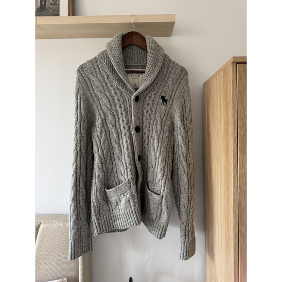 Abercrombie & Fitch Men M Gray Wool Cableknit Cardigan Sweater Fisherman Vintage - Picture 1 of 7